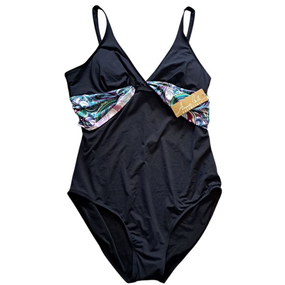 Ann Cole Essentials One Piece Swimsuit Summer Black Multi Color Size 16 NWT
